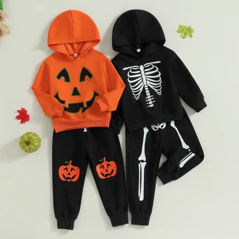 Pudcoco Детский костюм для девочек и мальчиков на Хэллоуин с принтом тыквы/скелета, толстовка с капюшоном и длинными штанами, комплект из 2 предметов, от 3 до 7 лет