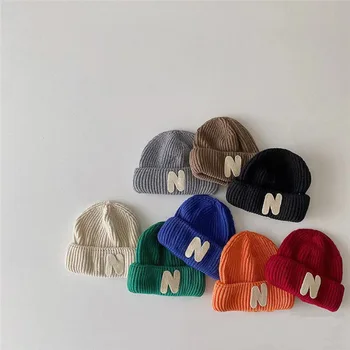 Осенне-зимняя детская вязаная шапка, однотонная буква N, Теплая детская шапочка-бини, повседневные детские Мягкие Эластичные вязаные шапочки, кепки