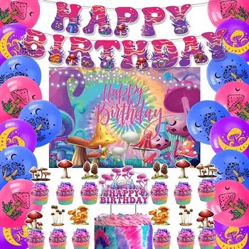 Украшения для вечеринки по случаю Дня рождения с грибами включают грибной фон с Днем рождения, баннер, топпер для торта, Топперы для кексов, воздушные шары